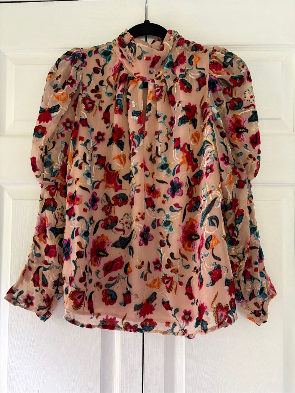French Connection Womens Floral Puff-Sleeve Blouse - Blush Pink